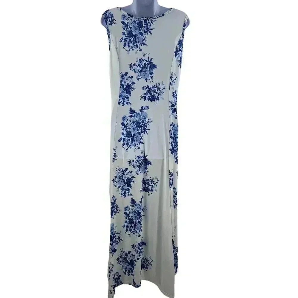Lily By Firmiana Womens White Blue Floral Maxi Dress M Handkerchief Hem - Picture 5 of 12